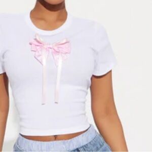 Fashion Nova White Tee with Pink Gingham Bow
